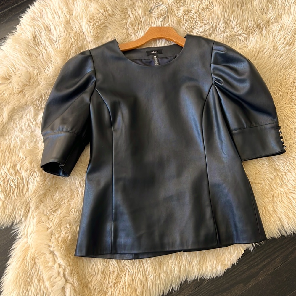 Vegan leather puff sleeve top